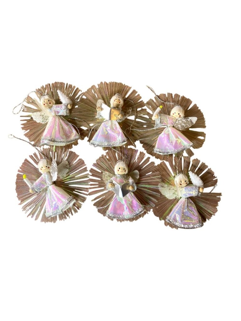 Iridescent Angel Christmas Ornaments With Wooden Faces Starburst Tinsel